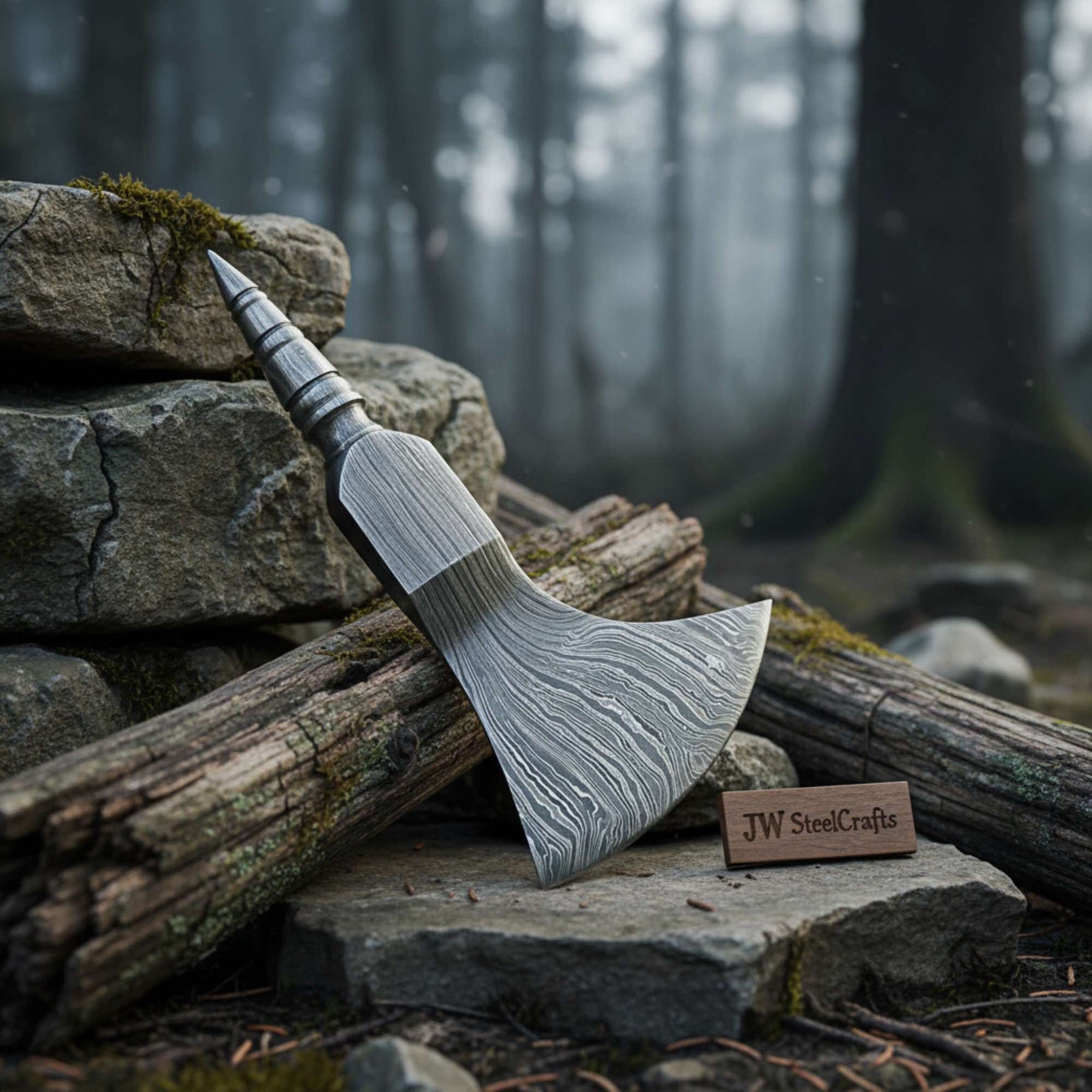 Damascus steel axe head with premium handle on rustic wood surface