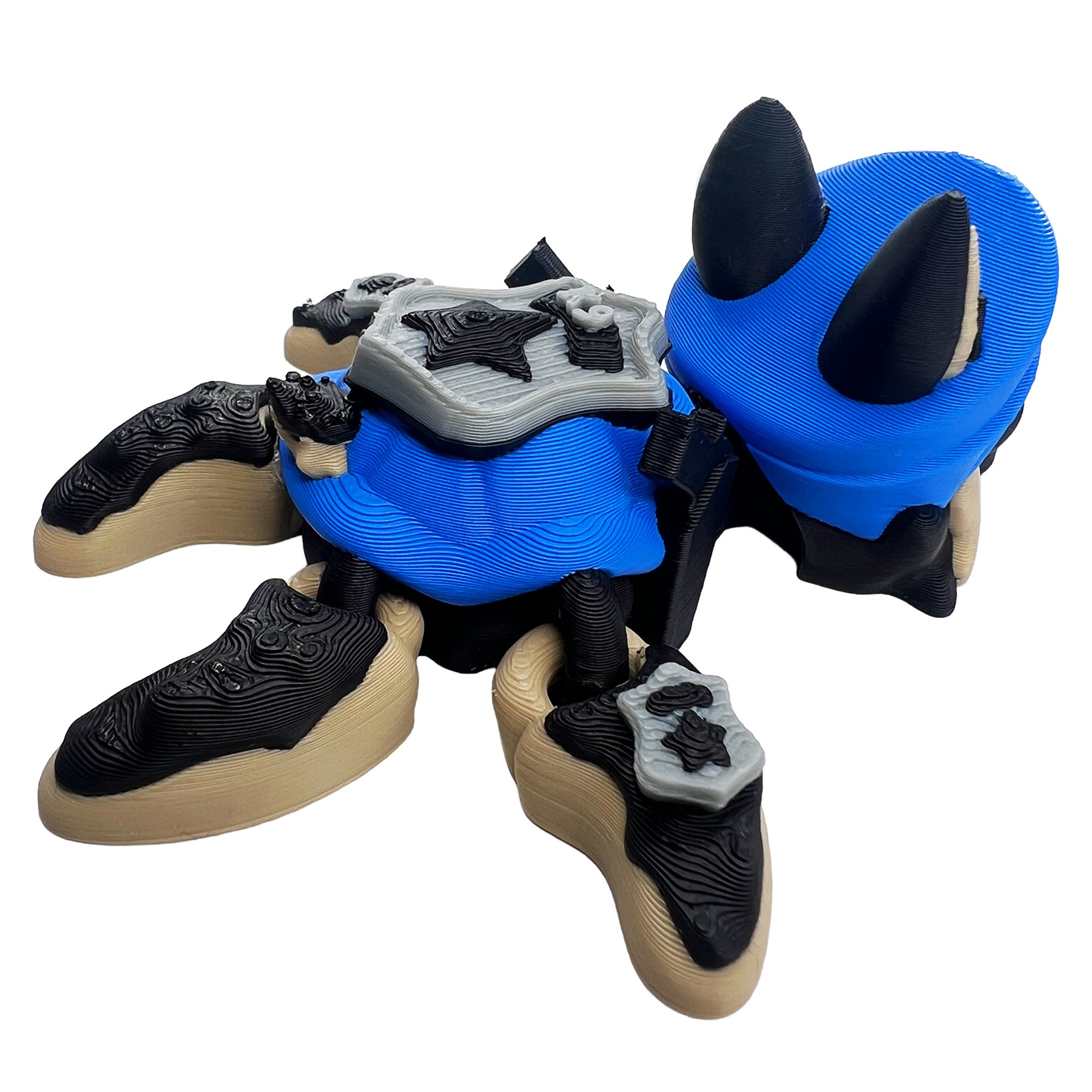 Rear view of German Shepherd police turtle articulated 3D printed toy with badge shell details