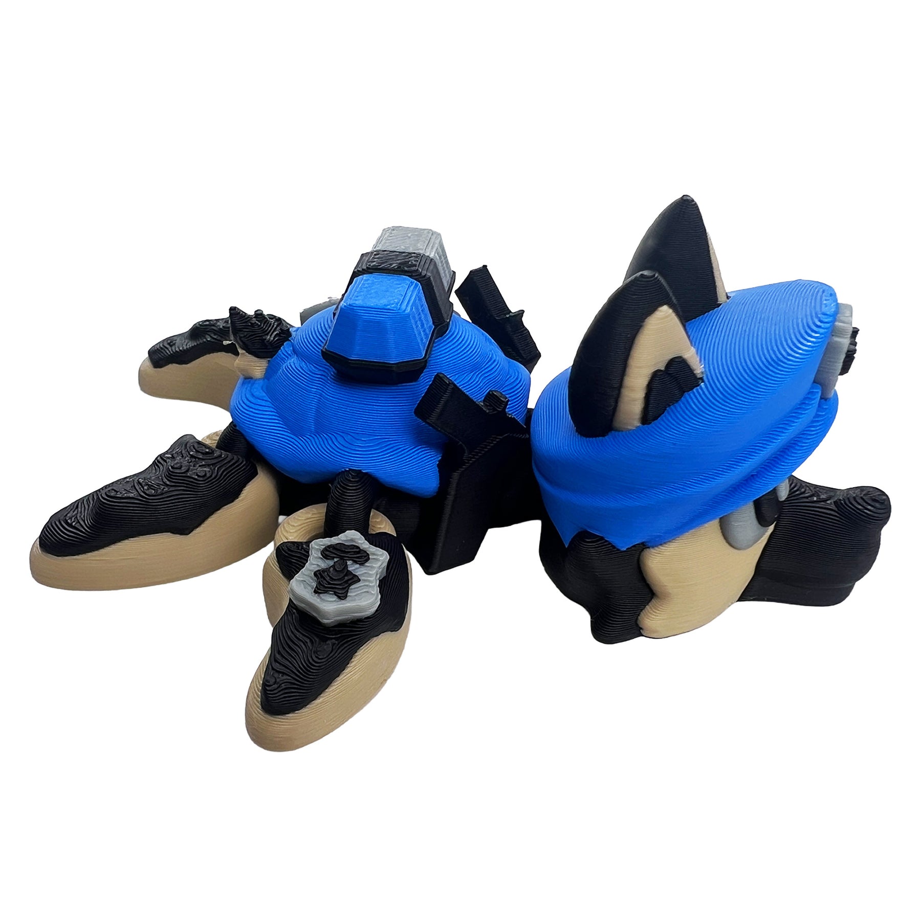 Side view of German Shepherd police turtle articulated 3D printed toy with blue cap and police equipment