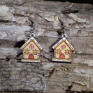 Gingerbread House Wooden Dangle Earrings | Christmas Holiday Jewelry