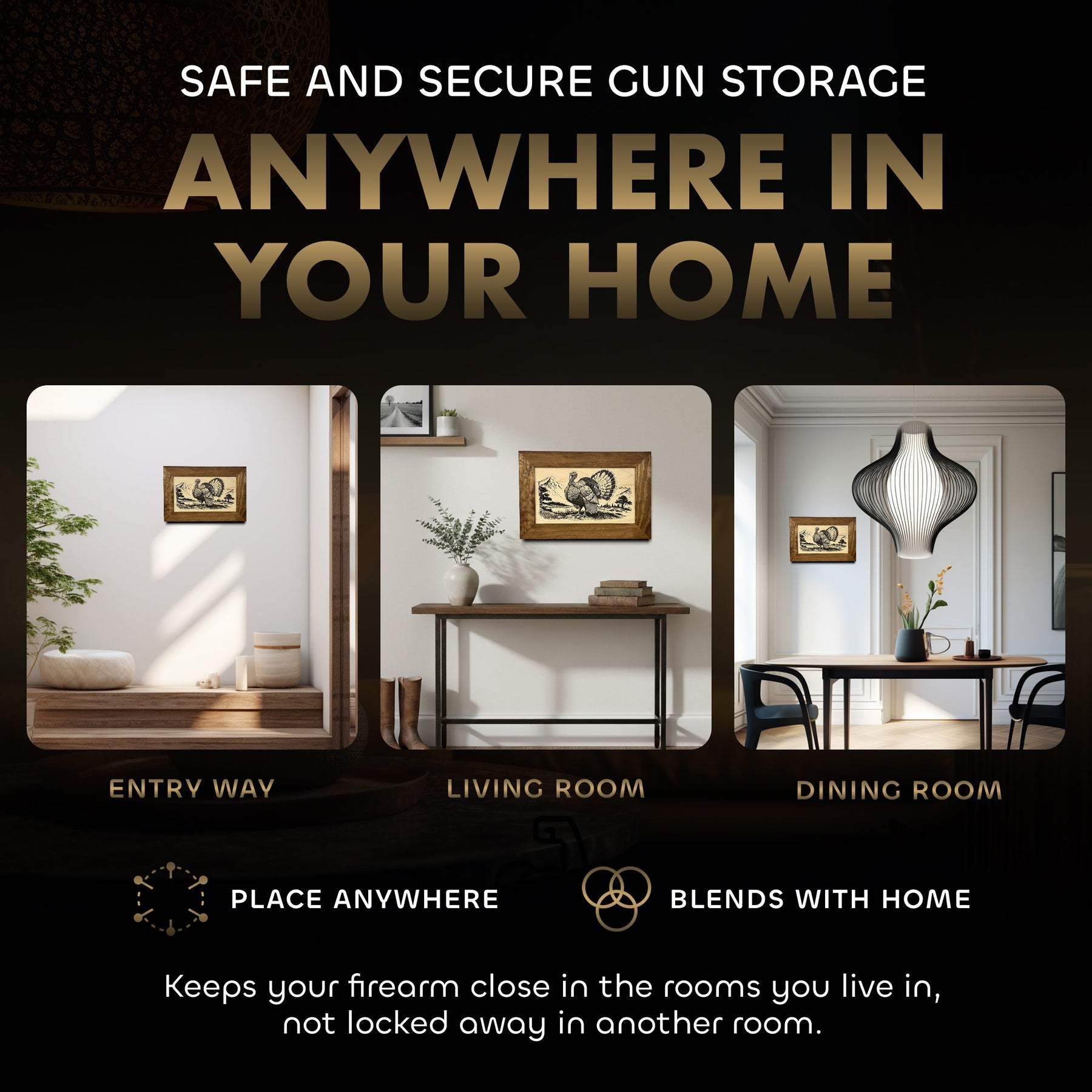 Wild Turkey Gobbler Gun Concealment Furniture - Handcrafted Hidden Gun Storage Wall Decor - Hidden Safe Furniture with Magnetic Lock for Quick Access & Storage