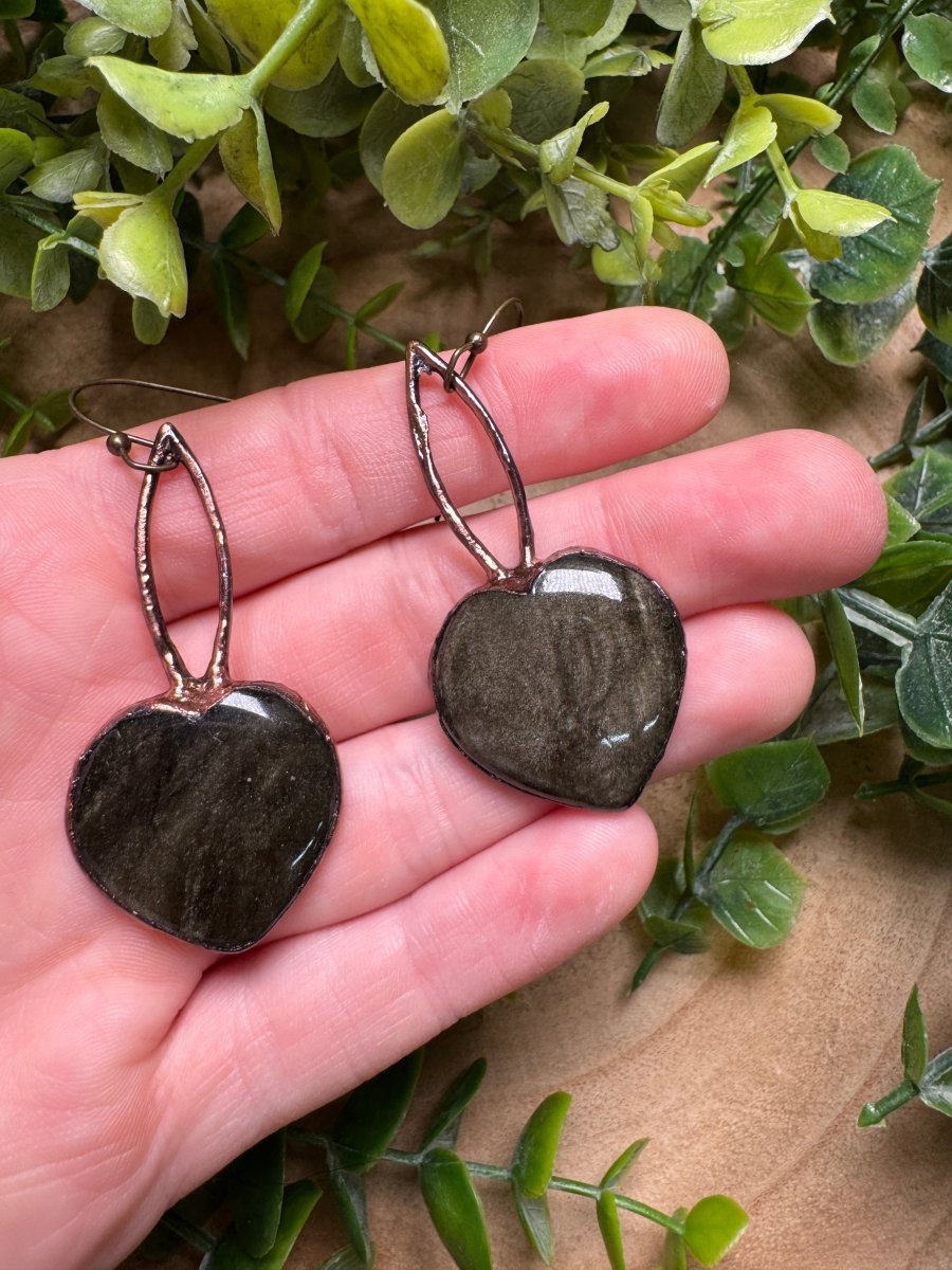 Gold Sheen Obsidian Heart Earrings