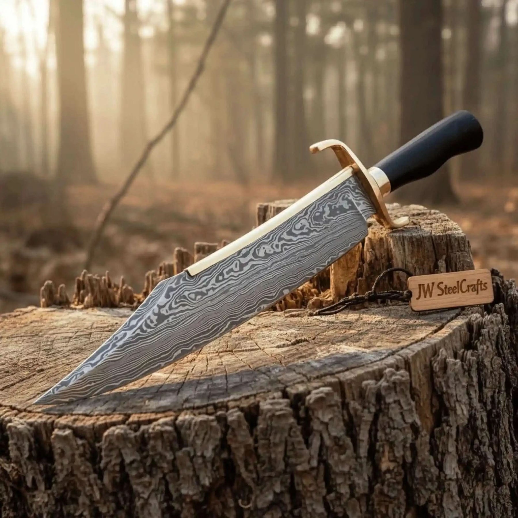 Handmade damascus steel knife with premium handle on dark surface