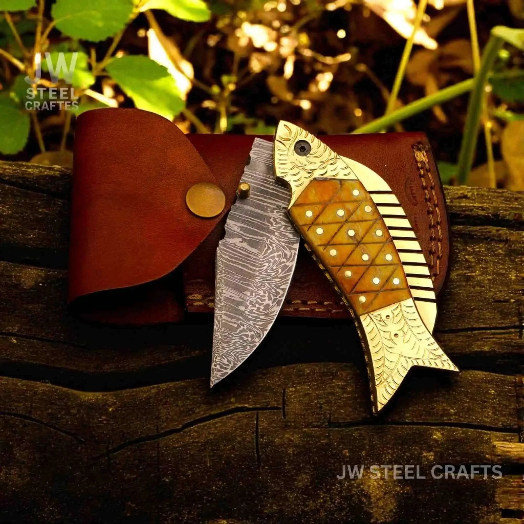 Damascus Fish Folding Knife with Bone Handle, Brass Bolster and Leather Sheath by JW SteelCrafts
