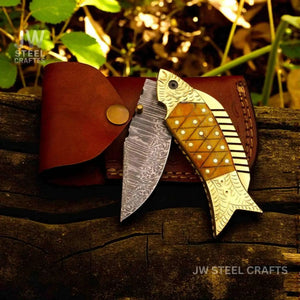 Damascus Fish Folding Knife with Bone Handle, Brass Bolster and Leather Sheath by JW SteelCrafts