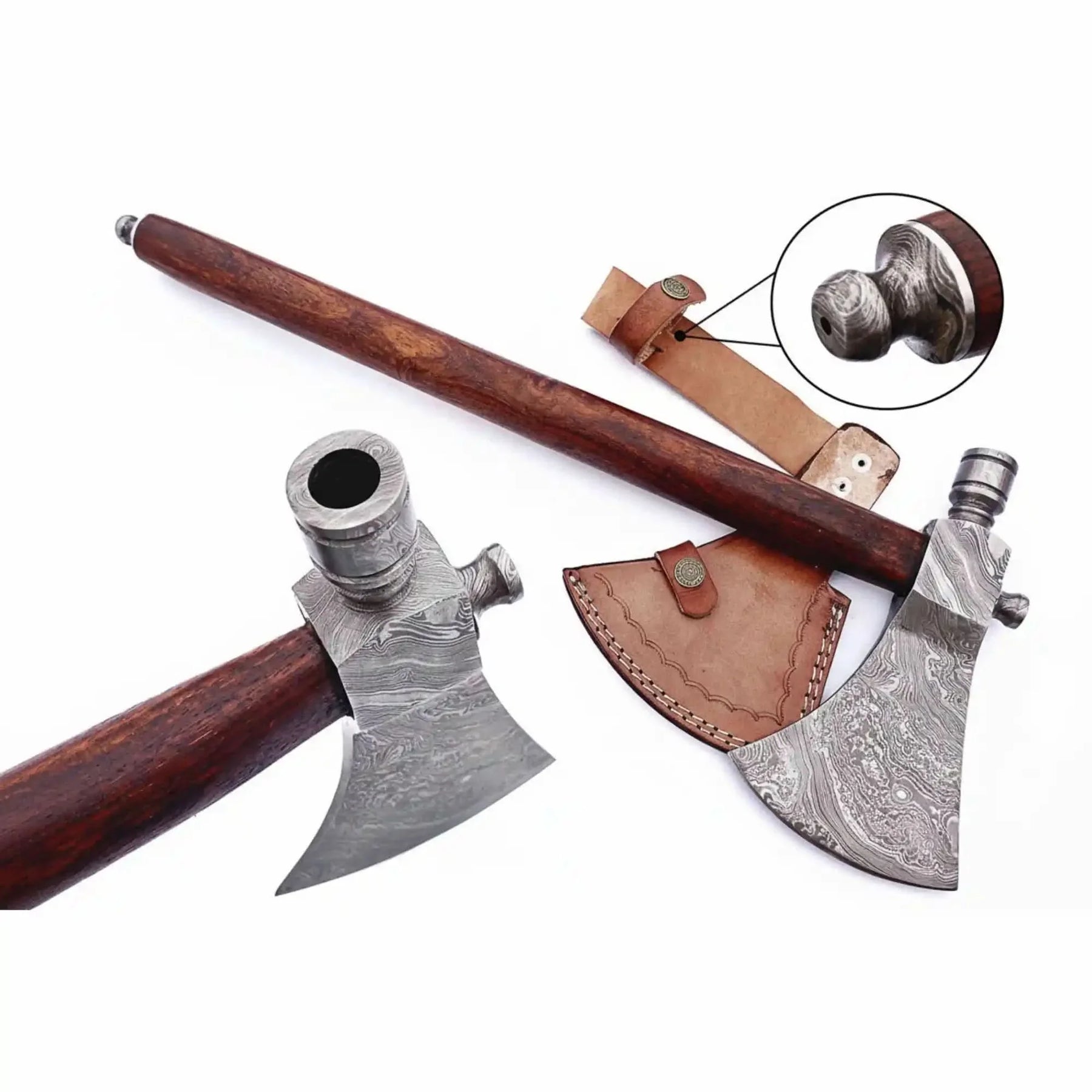 Damascus steel axe head with wood handle on rustic wood surface