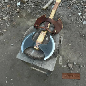 Handcrafted Double-Head Decorative Axe with Wooden Handle – JW SteelCrafts