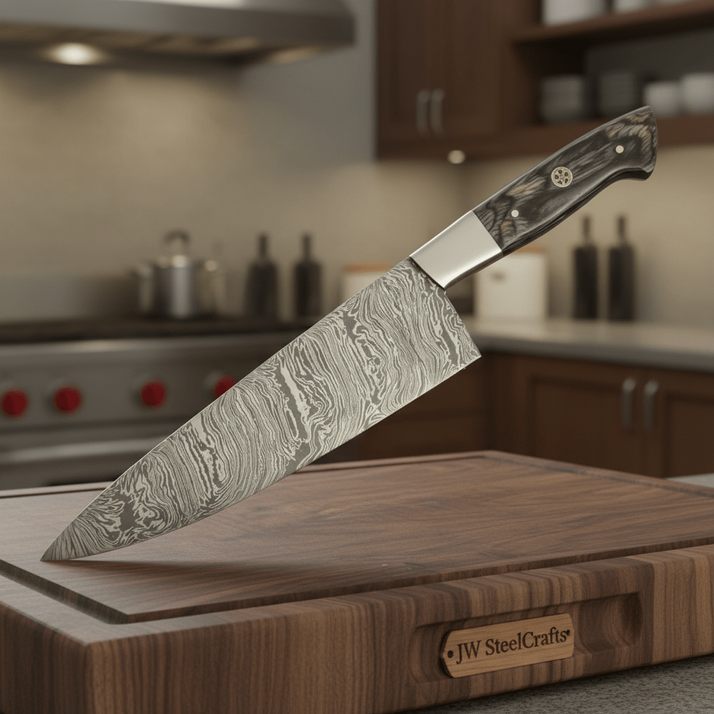 Handmade damascus steel knife with wood handle on dark surface