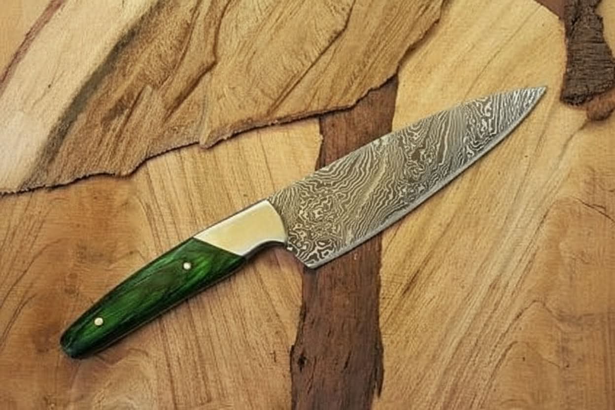 Handmade damascus steel knife with premium handle on dark surface