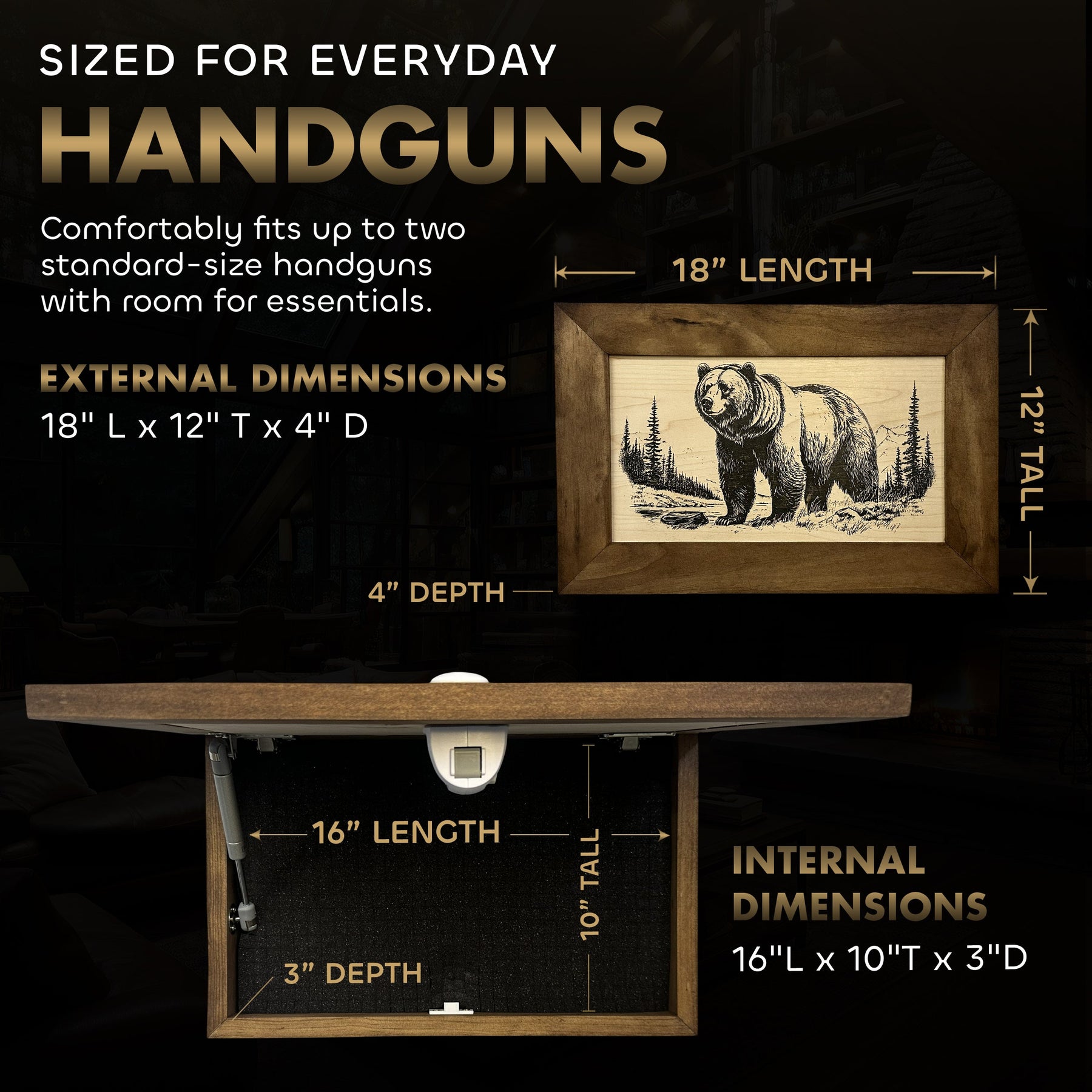Grizzly Bear Gun Concealment Furniture - Handcrafted Hidden Gun Storage Wall Decor - Hidden Safe Furniture with Magnetic Lock for Quick Access - Made in USA