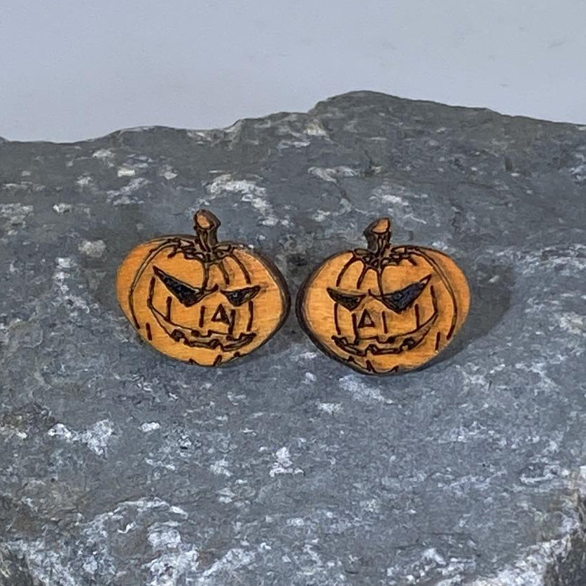 Jack-O-Lantern Wooden Dangle Earrings | Halloween Spooky Jewelry
