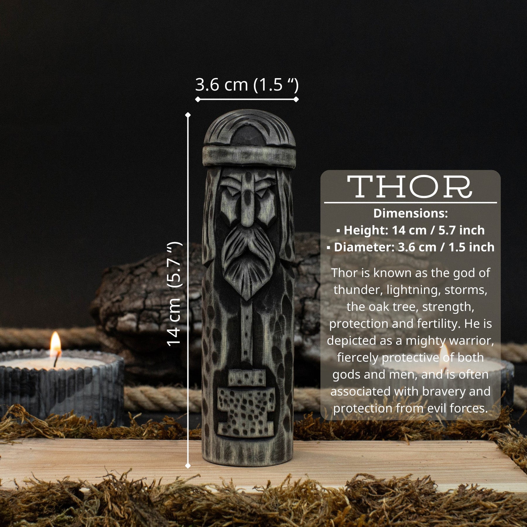 Hand-Carved Thor Figurine – 14 cm (5.7 inches) Wooden Scandinavian God Statue
