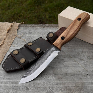 Hand-Forged Bushcraft Knife, 10 cm (3.9 in) Blade with Leather Sheath