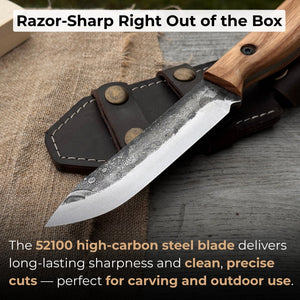 Hand-Forged Bushcraft Knife, 10 cm (3.9 in) Blade with Leather Sheath