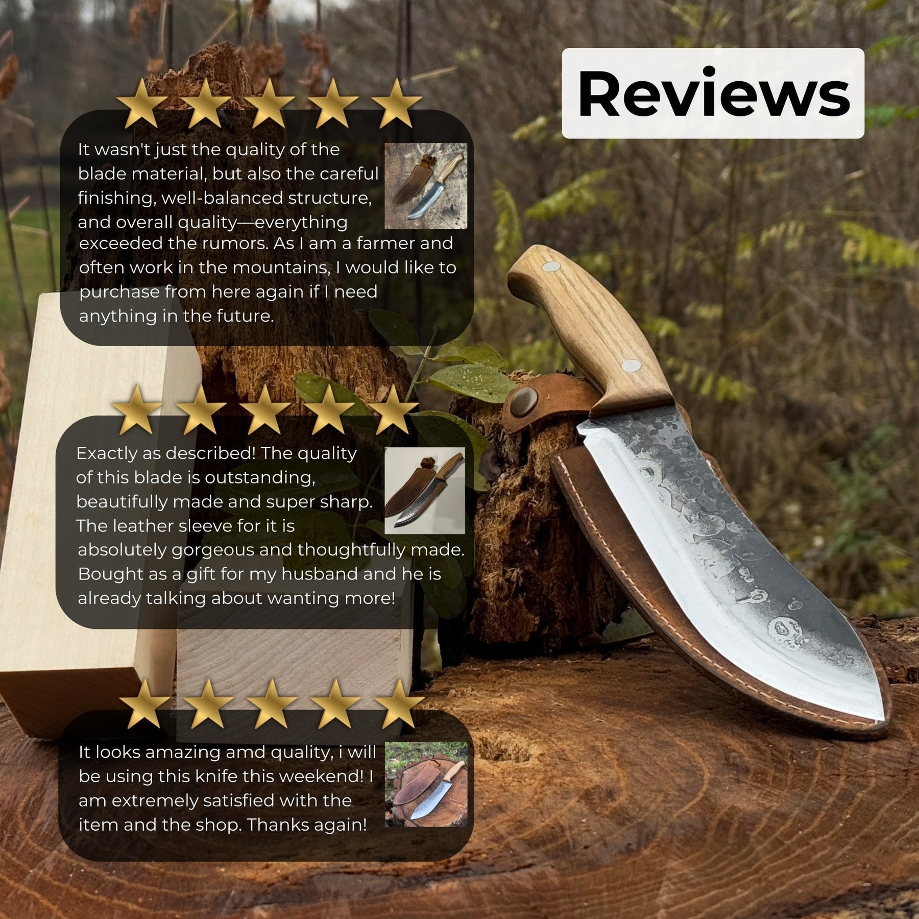 Hand-Forged Bushcraft Knife, 17 cm (6.7 inches) with leather sheath