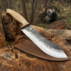 Hand-Forged Bushcraft Knife, 17 cm (6.7 inches) with leather sheath