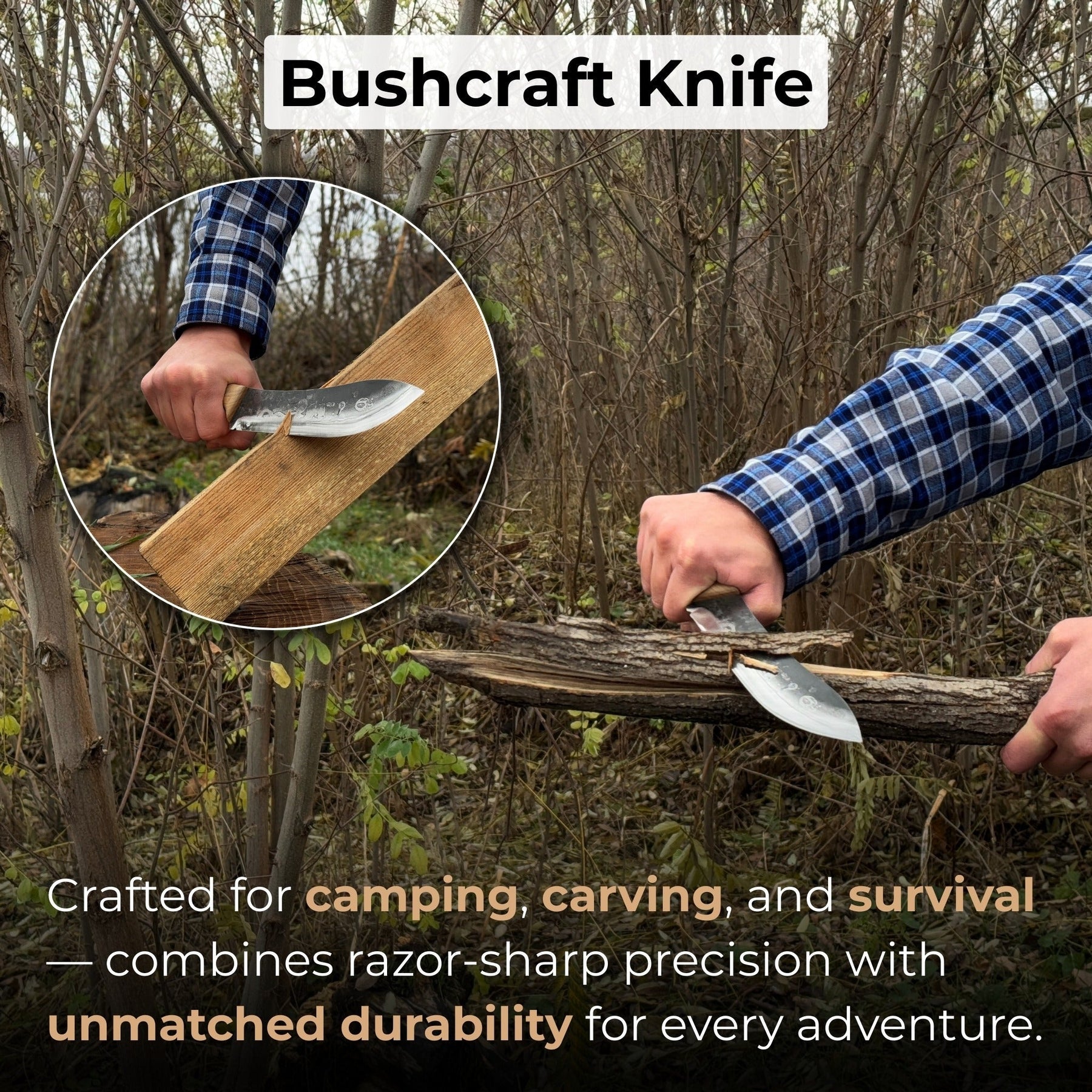 Hand-Forged Bushcraft Knife, 17 cm (6.7 inches) with leather sheath