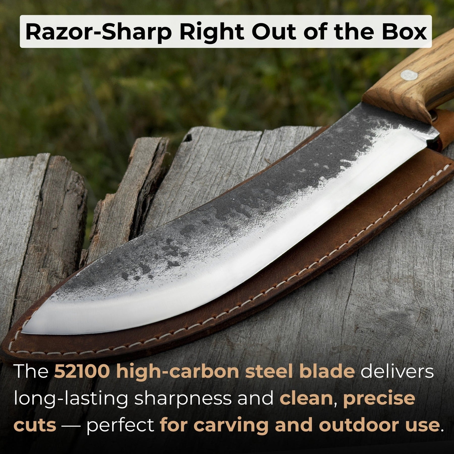 Hand-Forged Bushcraft Knife, 17 cm (6.7 inches) with leather sheath