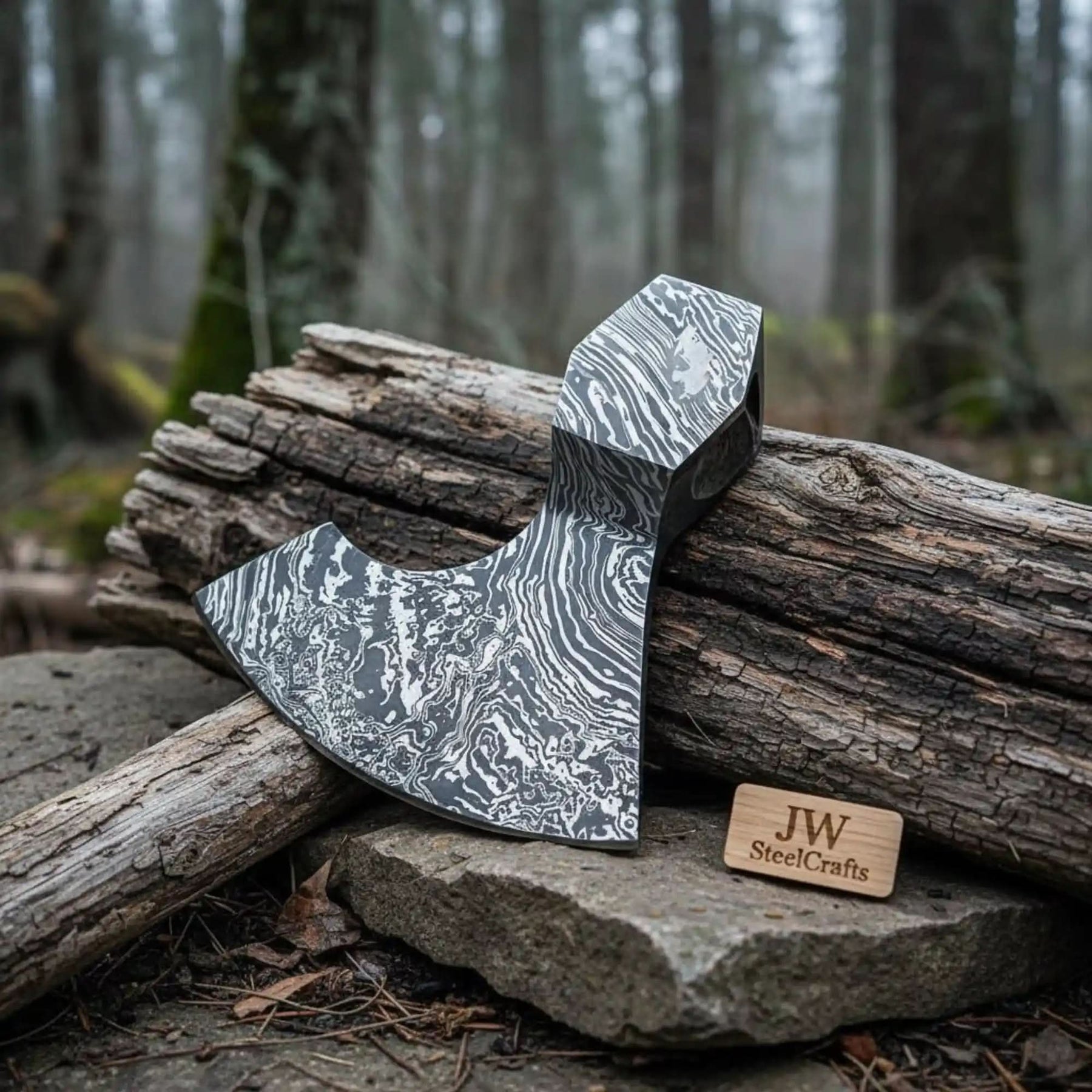 Damascus steel axe head with premium handle on rustic wood surface