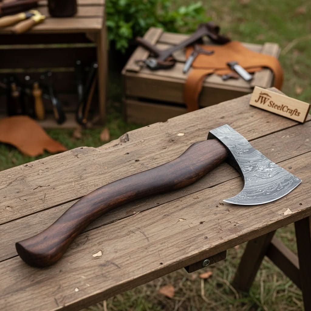 Damascus steel axe head with premium handle on rustic wood surface
