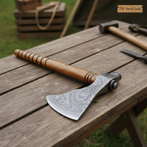 Damascus steel axe head with premium handle on rustic wood surface