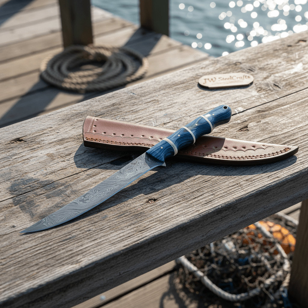 Handmade damascus steel knife with wood handle on dark surface
