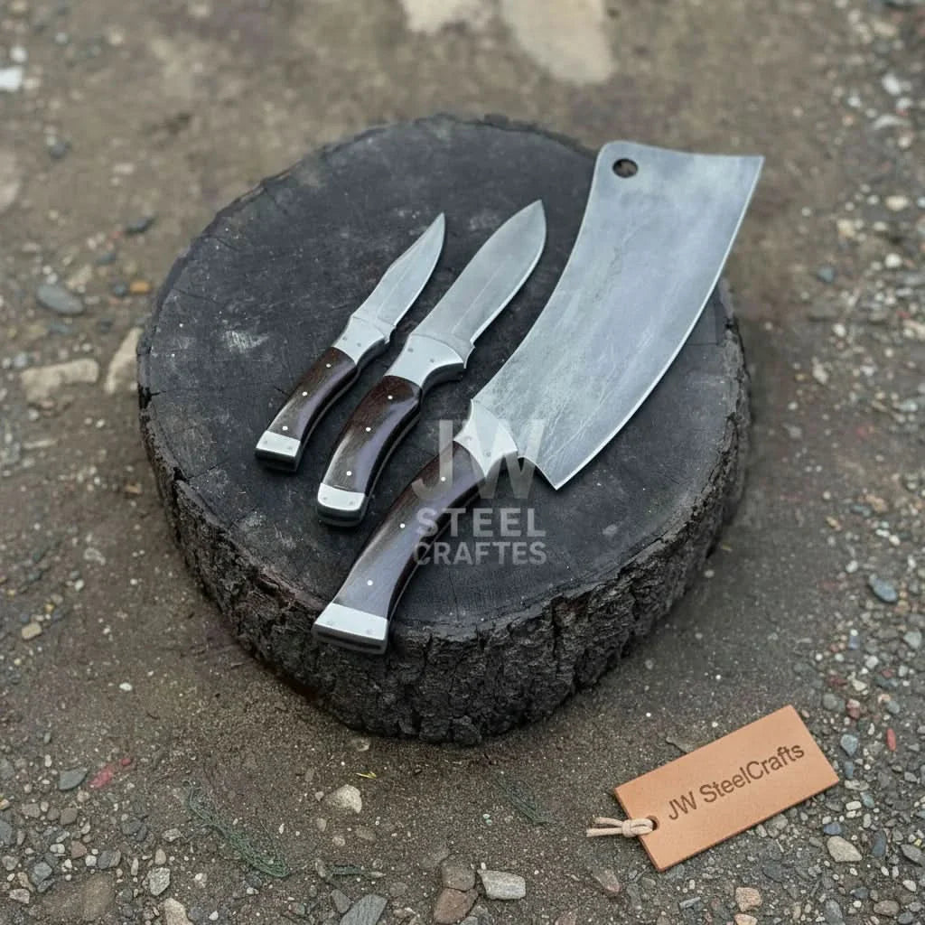 Handmade carbon steel steel knife with wood handle on dark surface