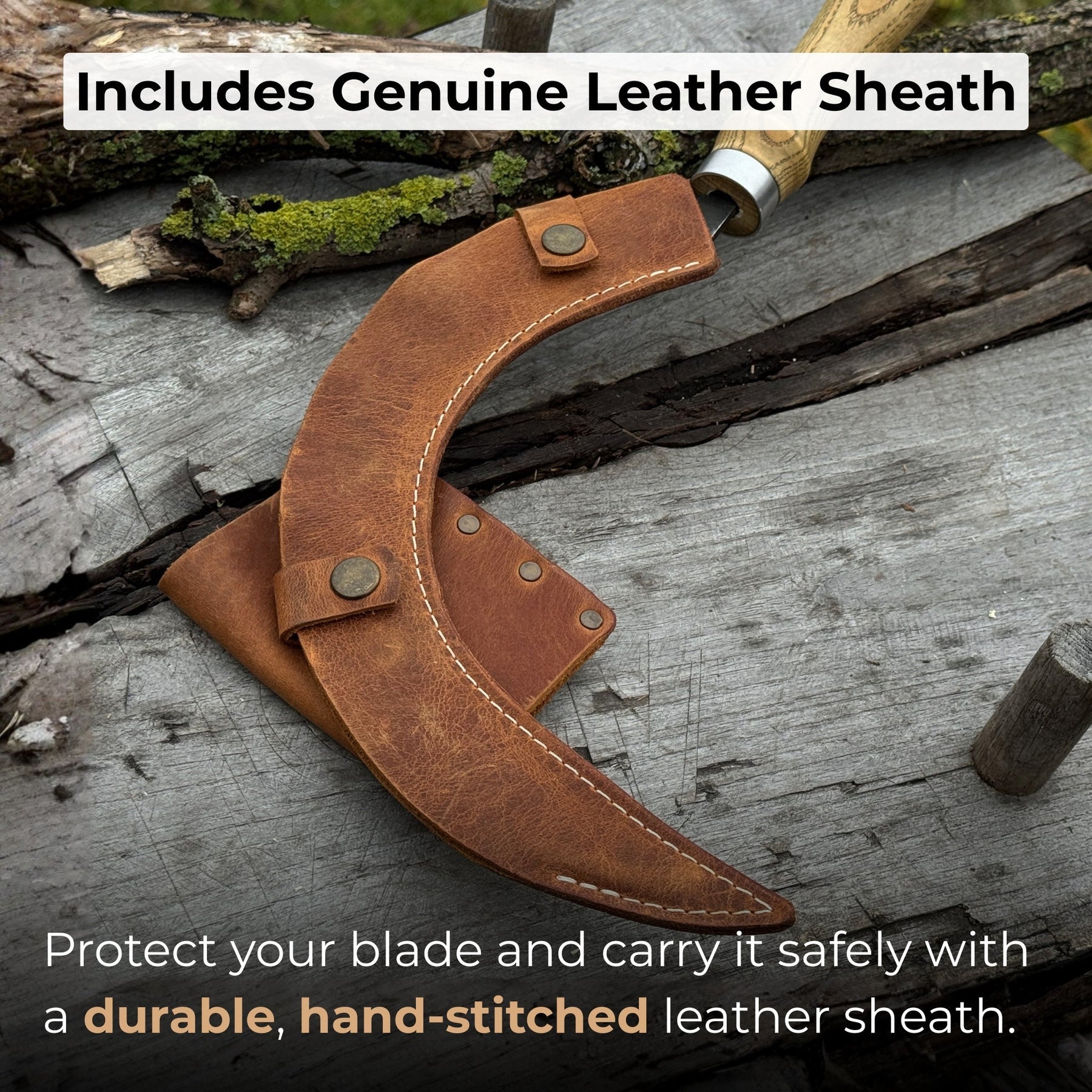 Hand-Forged Large Sickle, ⌀19 cm (7.5 inches) Blade, Leather Belt Attachment