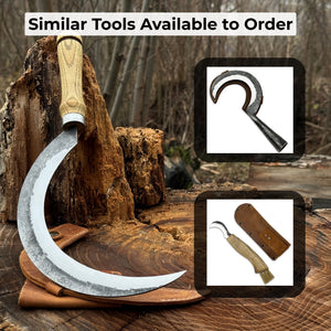 Hand-Forged Large Sickle, ⌀19 cm (7.5 inches) Blade, Leather Belt Attachment