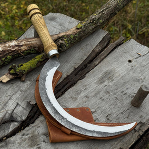 Hand-Forged Large Sickle, ⌀19 cm (7.5 inches) Blade, Leather Belt Attachment