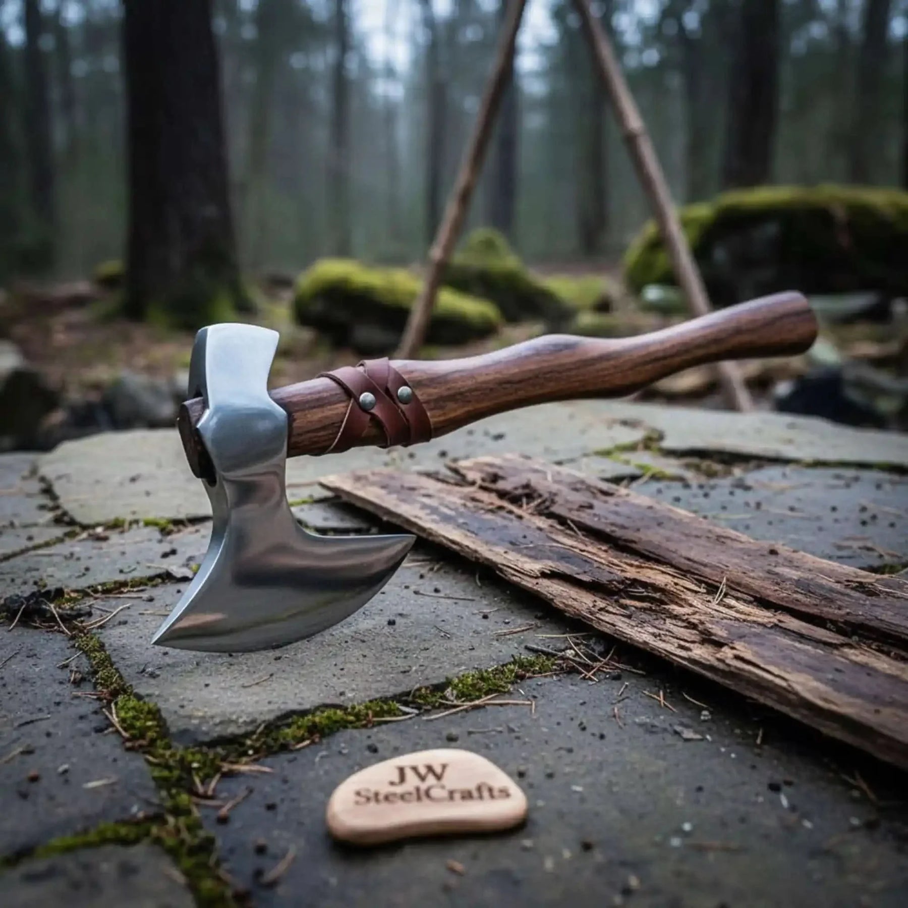 Damascus steel axe head with leather handle on rustic wood surface