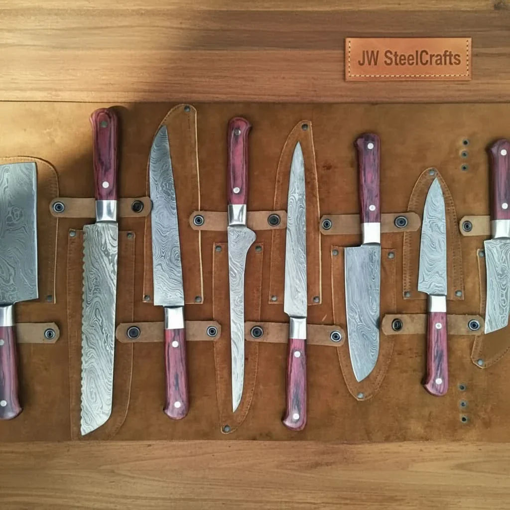 Handmade damascus steel knife with wood handle on dark surface