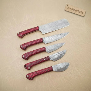6-Piece Damascus Kitchen Knife Set — Bread, Chef, Santoku, Utility, Boning & Paring with Red Wood Handles
