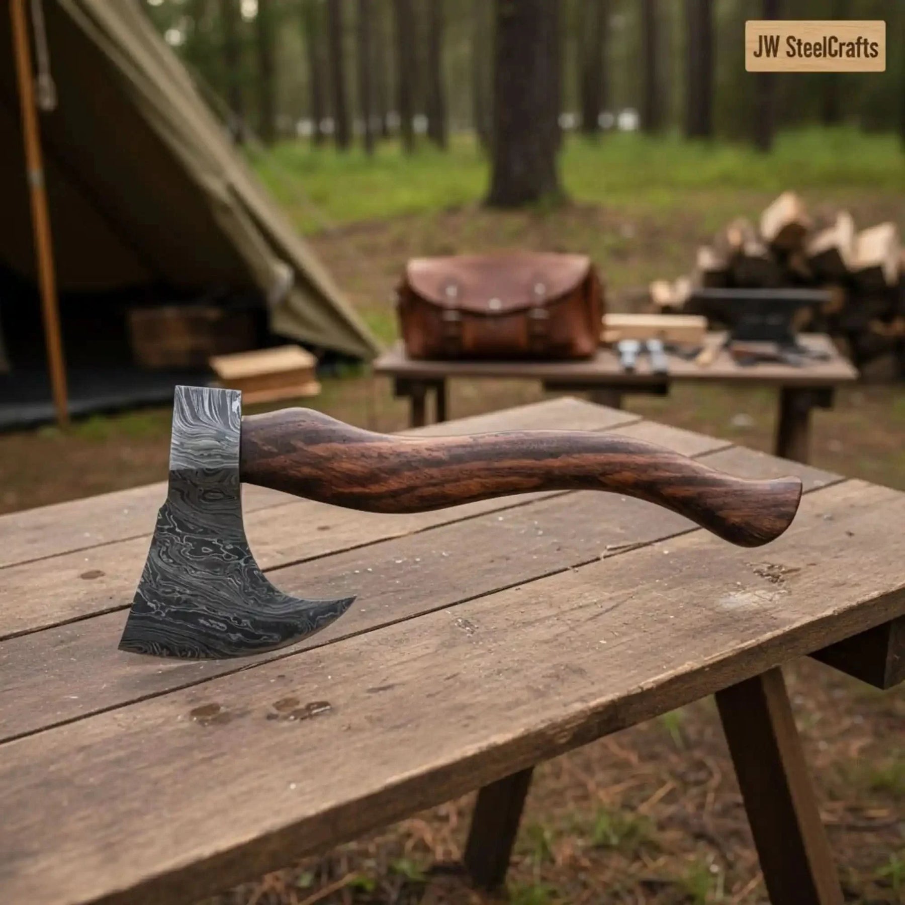 Damascus steel axe head with wood handle on rustic wood surface