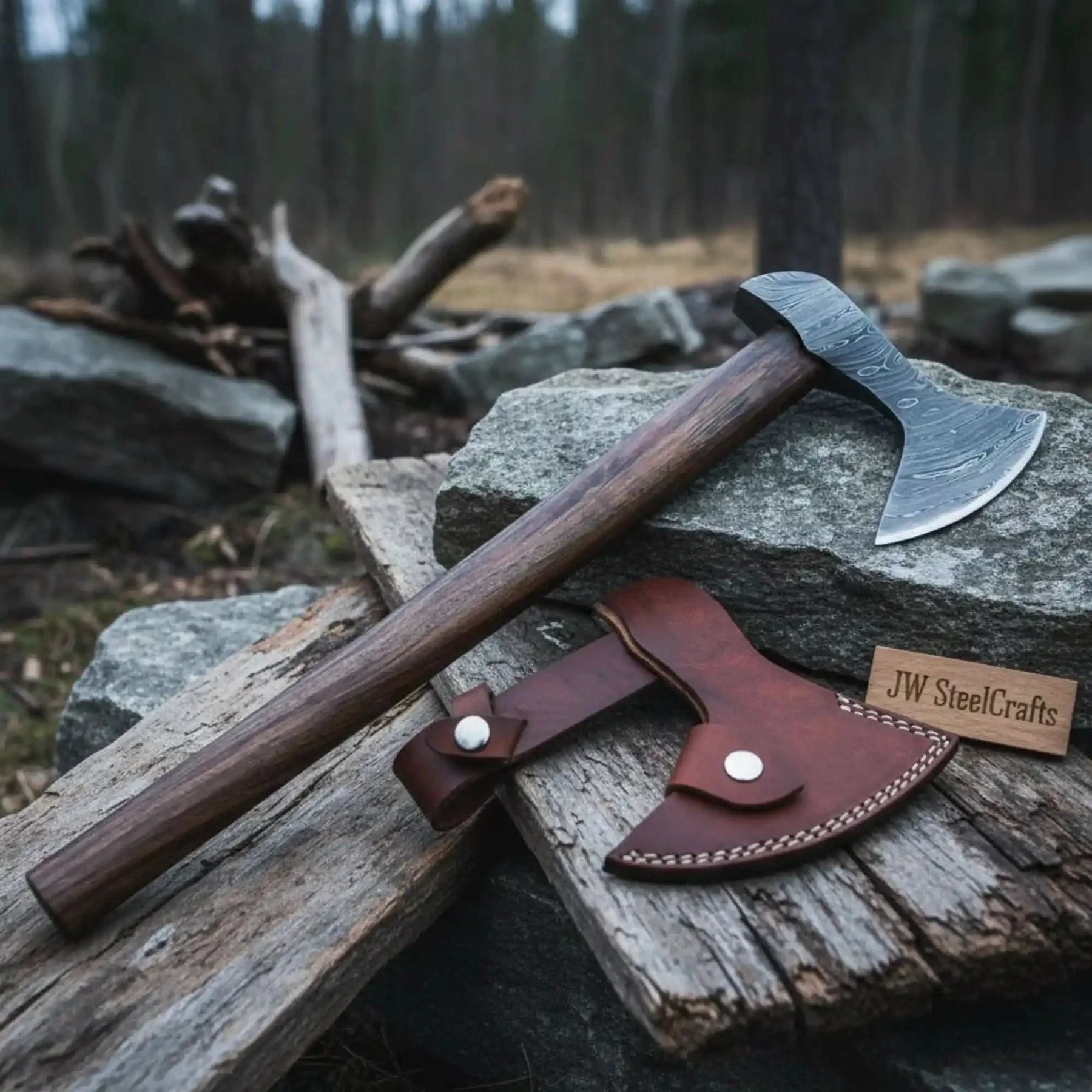 Damascus steel axe head with wood handle on rustic wood surface