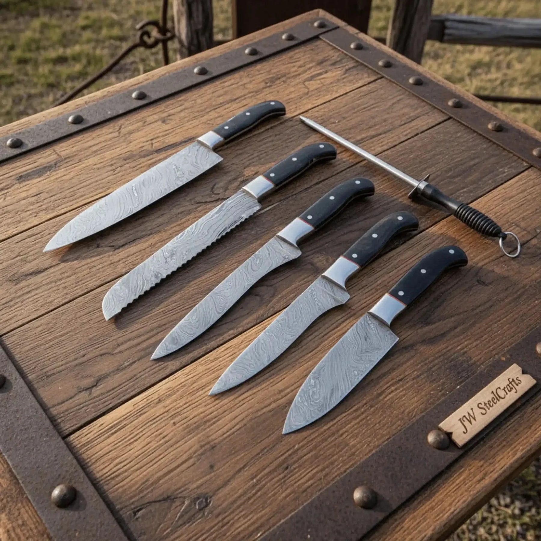 Handmade damascus steel knife with leather handle on dark surface