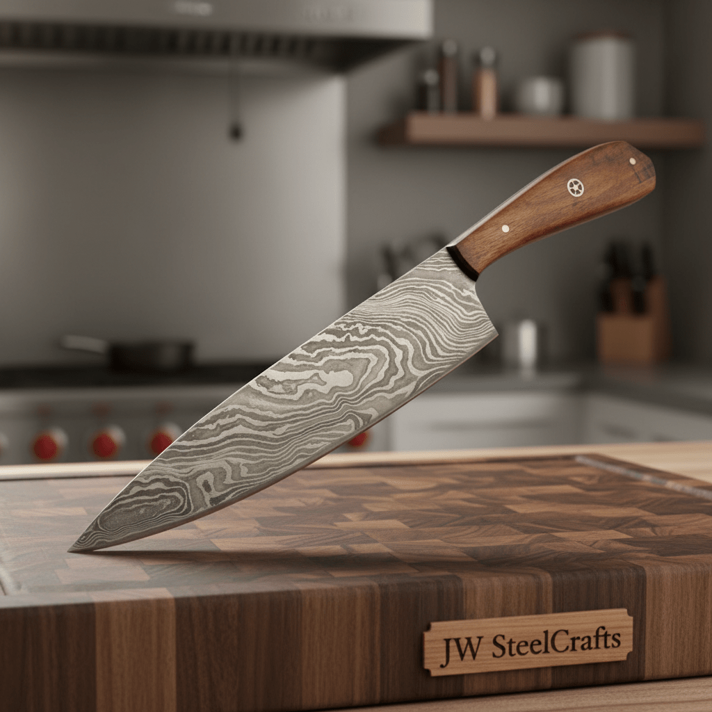 Handmade damascus steel knife with wood handle on dark surface