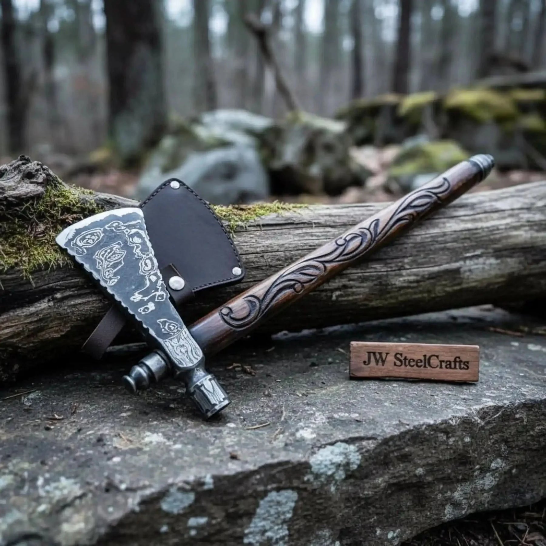Damascus steel axe head with wood handle on rustic wood surface