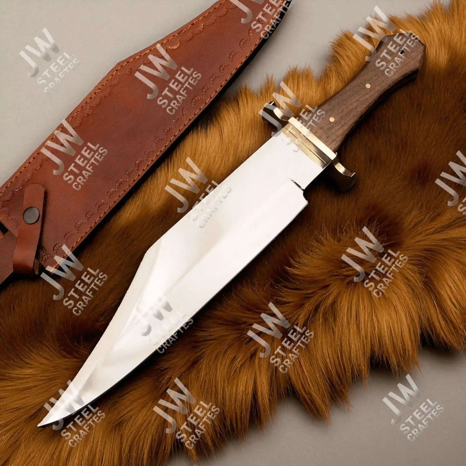 Handmade carbon steel steel knife with wood handle on dark surface