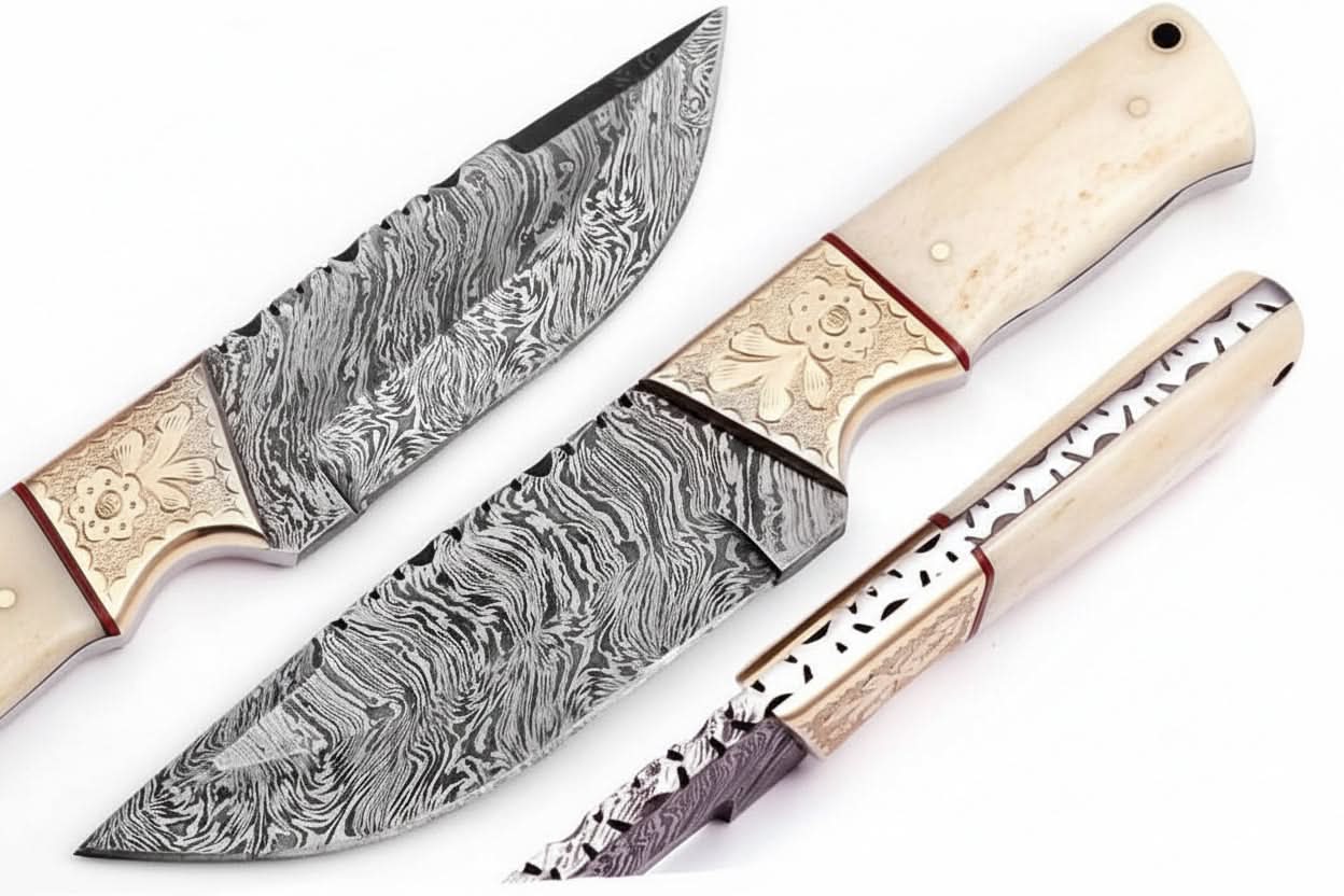 Handmade damascus steel knife with premium handle on dark surface