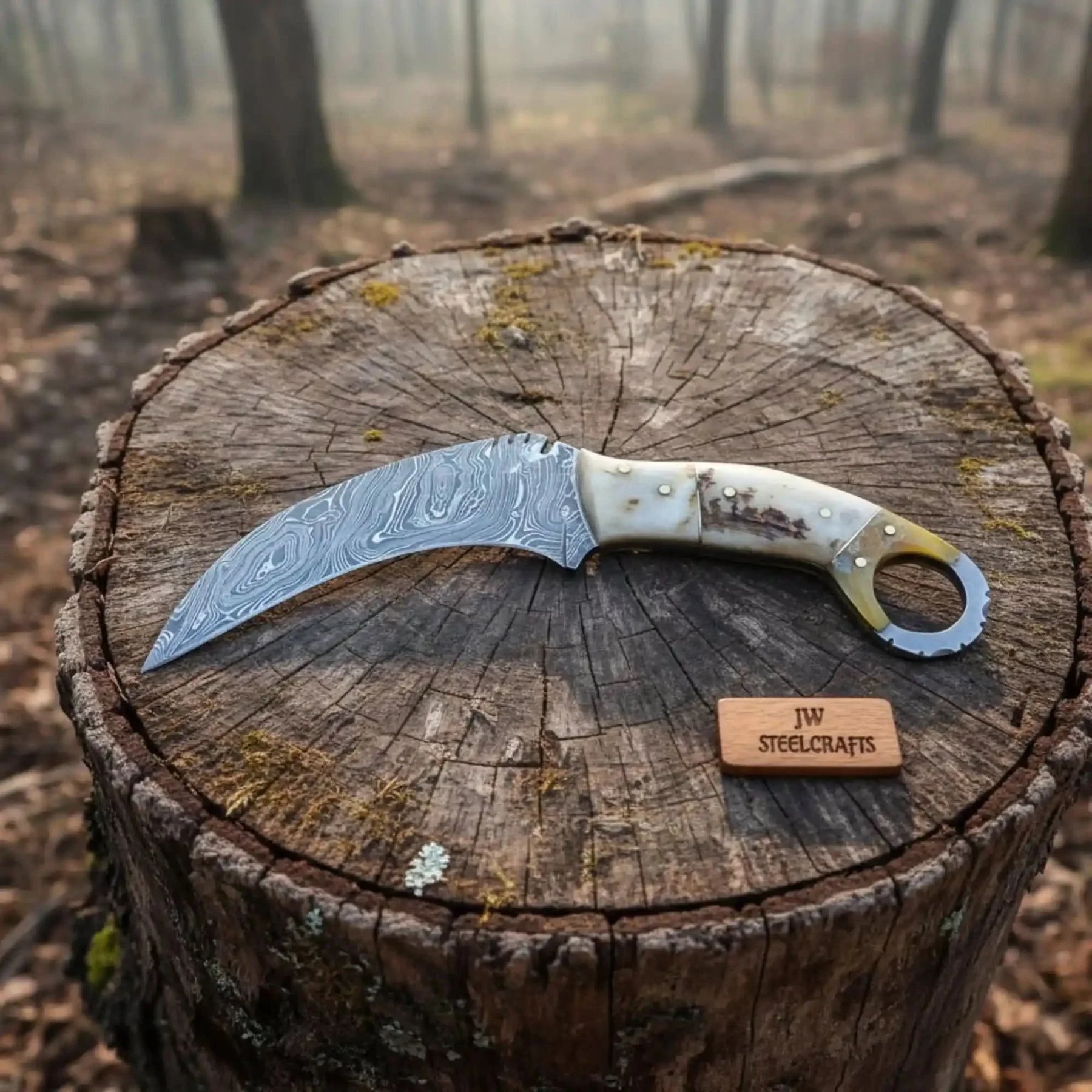 Handmade damascus steel knife with premium handle on dark surface