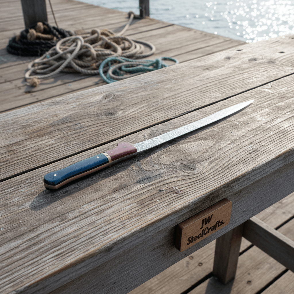 Handmade damascus steel knife with resin handle on dark surface