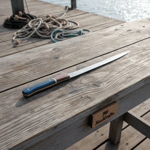 Handmade damascus steel knife with resin handle on dark surface