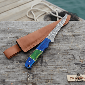 Handmade Damascus Fillet Knife – 10 Inch Overall, 5 Inch Precision Fish Filleting Blade with Colored Wood Handle, Full Tang Fishing Knife with Leather Sheath, JW SteelCrafts