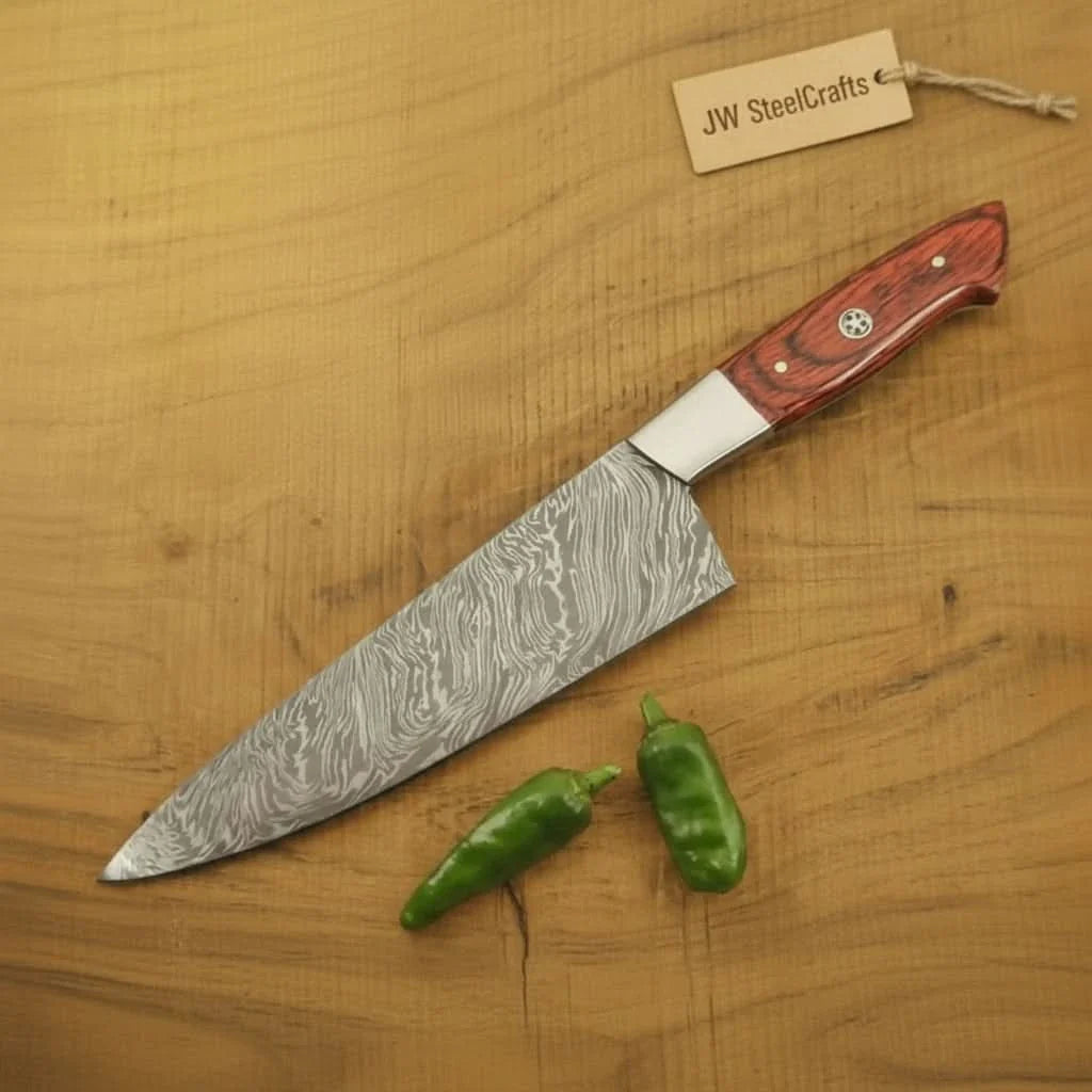 Handmade damascus steel knife with wood handle on dark surface