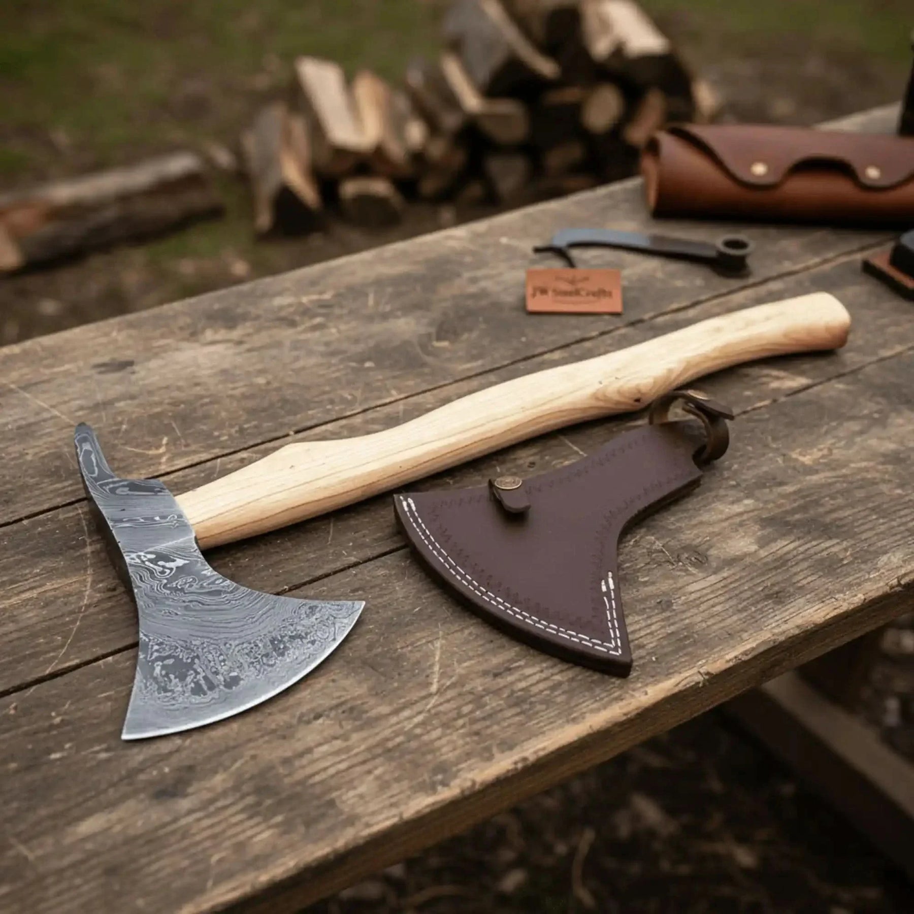 Damascus steel axe head with wood handle on rustic wood surface
