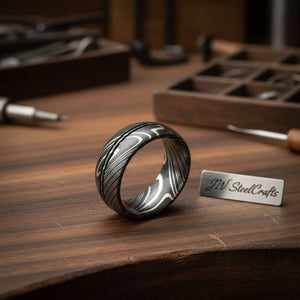 Mens Damascus Steel Wedding Band Double Center Groove Pattern Ring by JW SteelCrafts