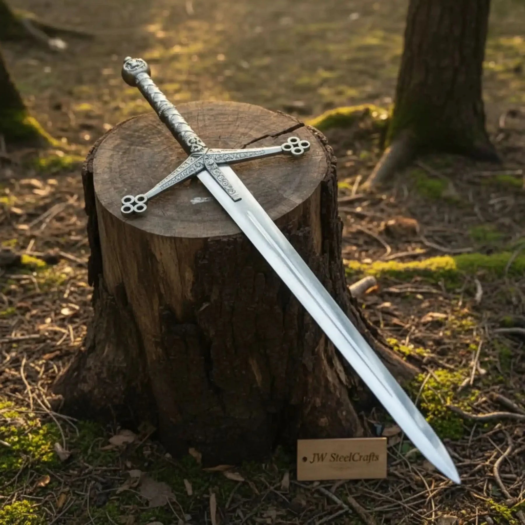 Full-length damascus steel replica sword with premium handle on dark background