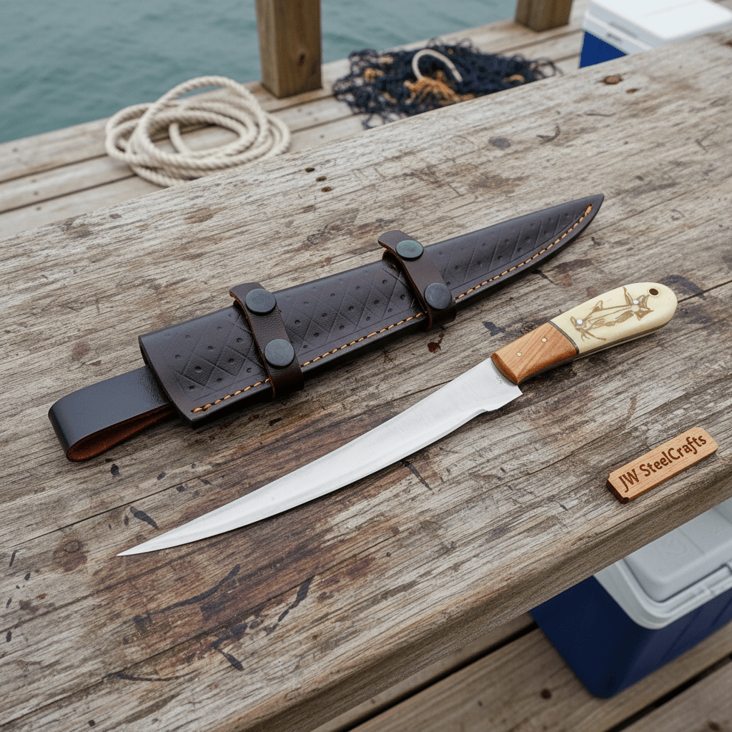 Handmade damascus steel knife with wood handle on dark surface