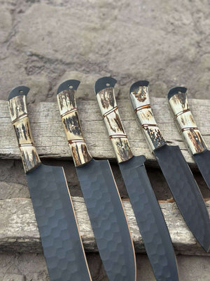 Handmade Hammered Chef Knife Set with Stag Antler Handles | 5-Piece Kitchen Knife Set